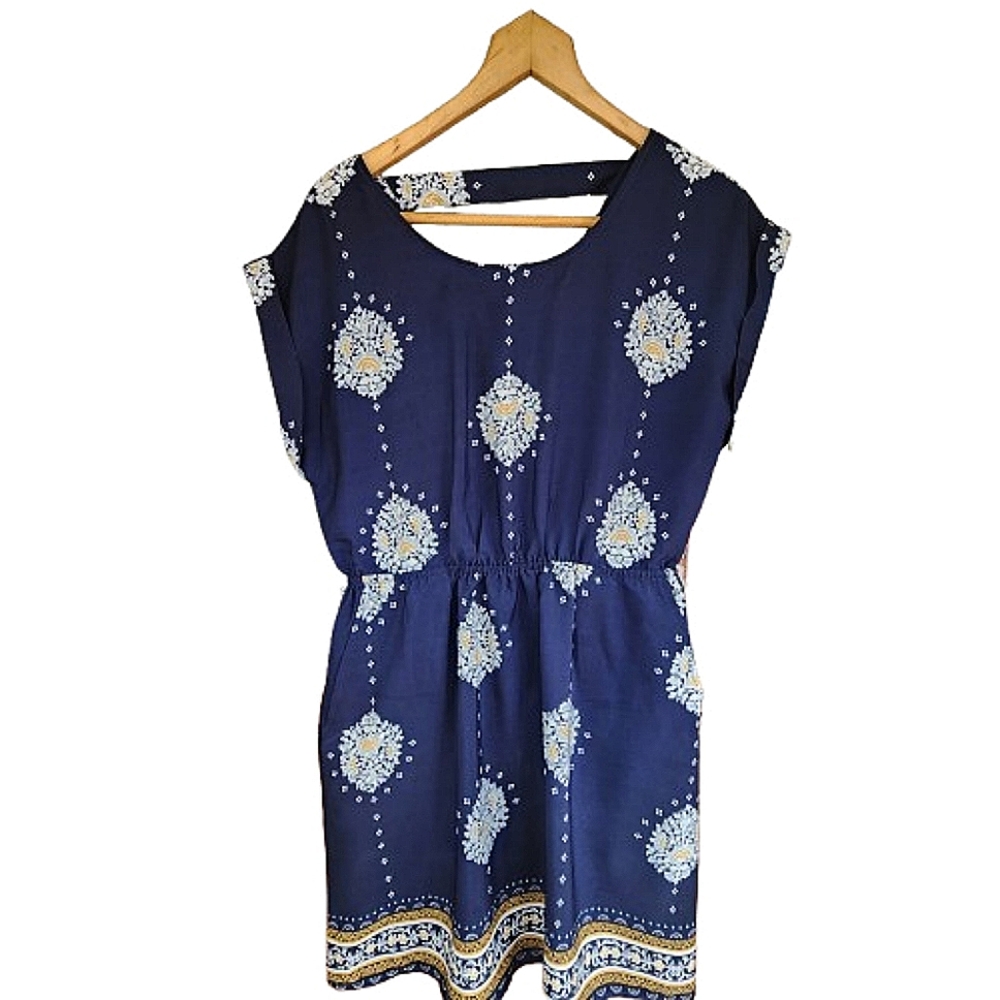 Womens M Pink Rose Coquette Navy Blue & White Bloomcore Short Sleeve Dress ♥️